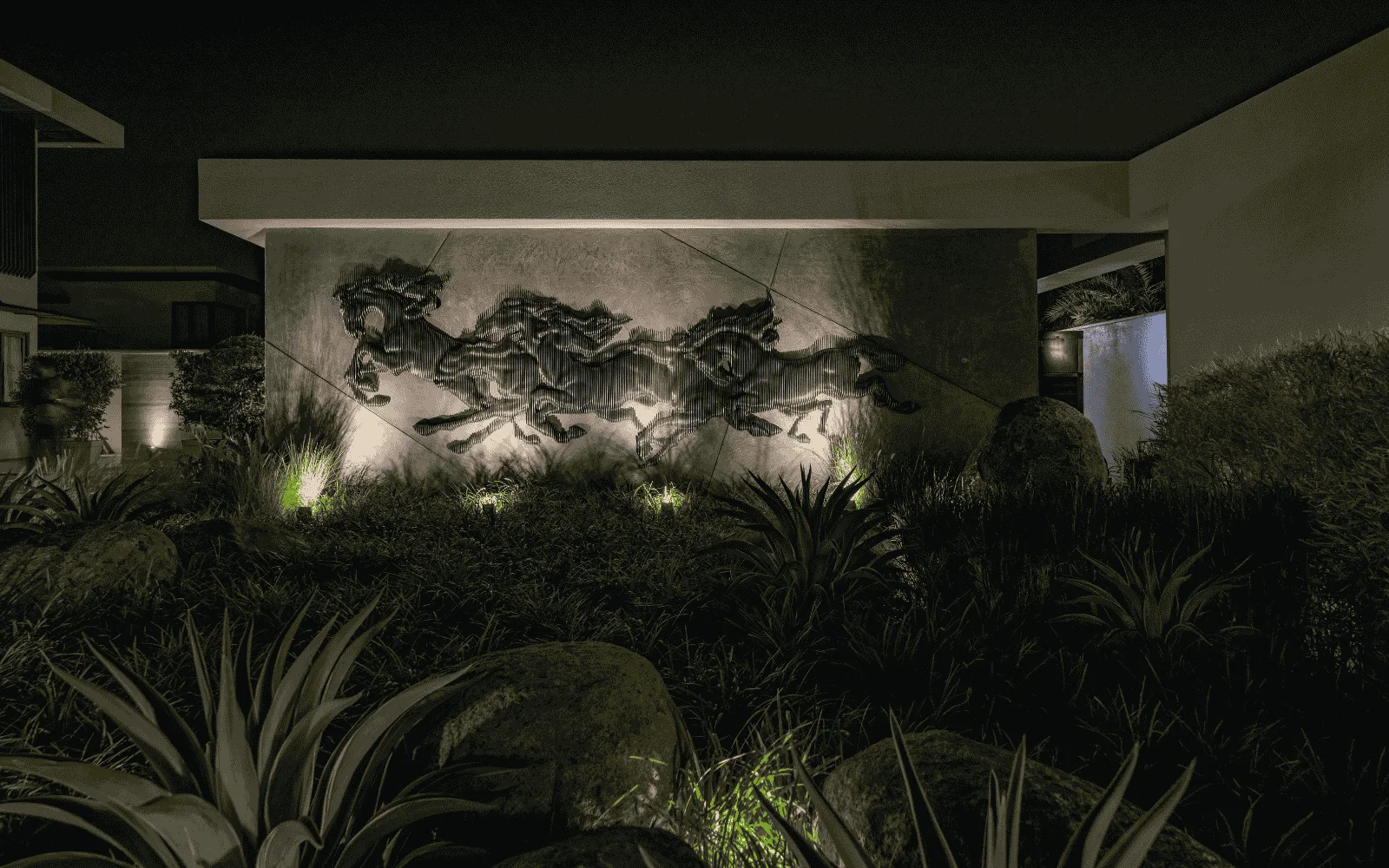 Stainless steel wall art — luxury interior installation with mirror-polished finish