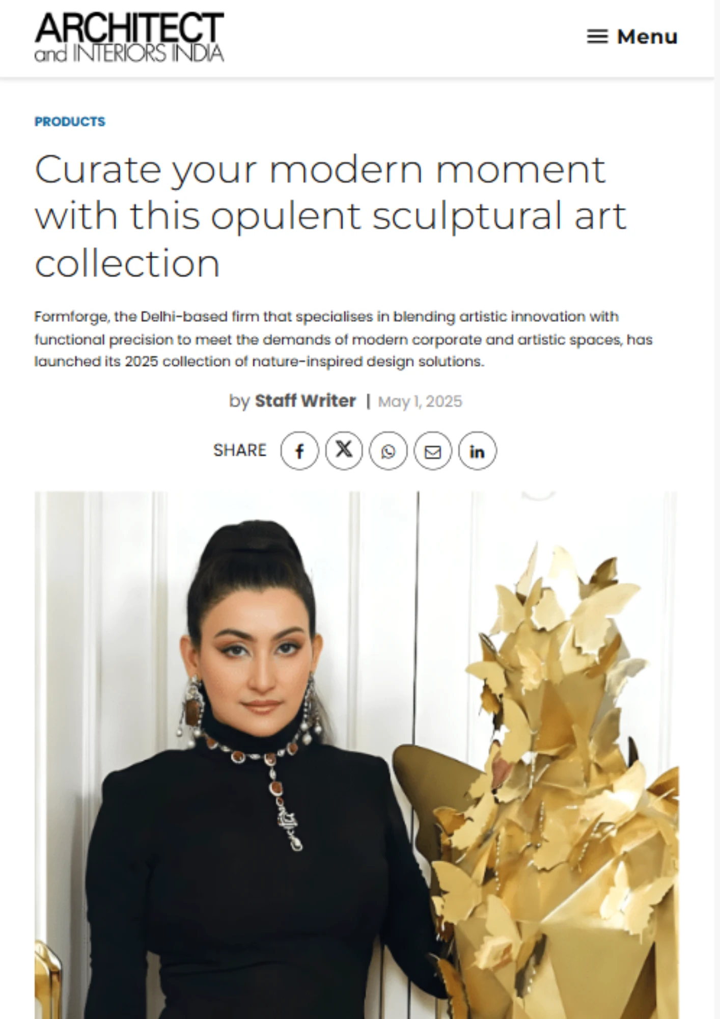 FormForge featured in Architect and Interiors India — press coverage for luxury metal sculptures and art installations