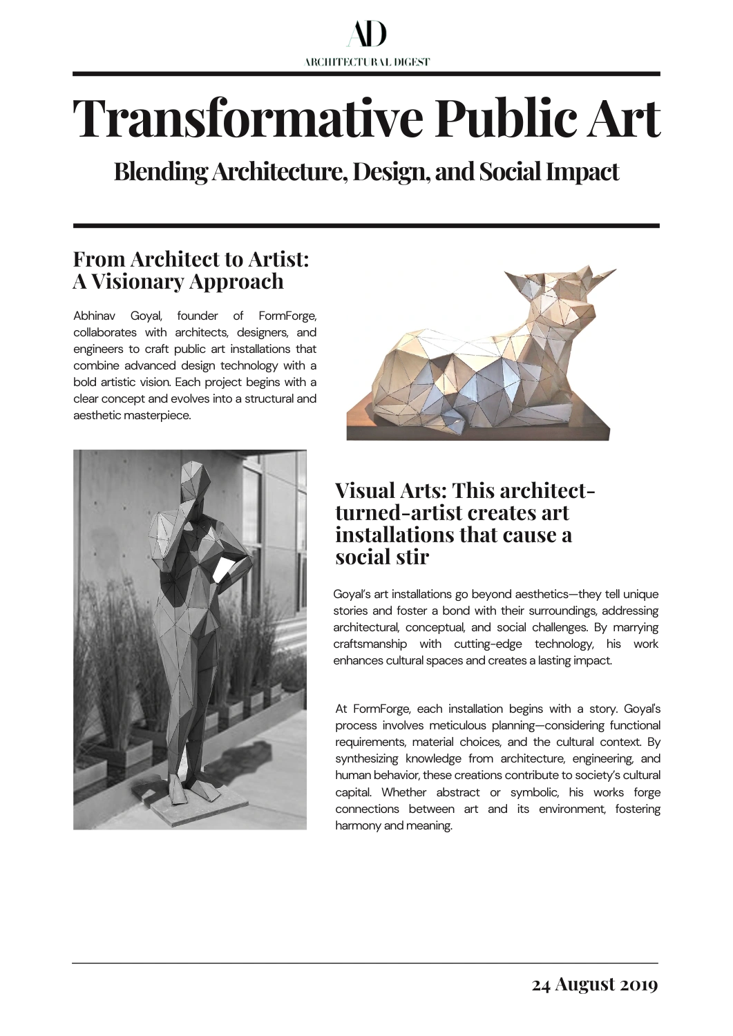 FormForge featured in Architectural Digest — press coverage for luxury metal sculptures and art installations