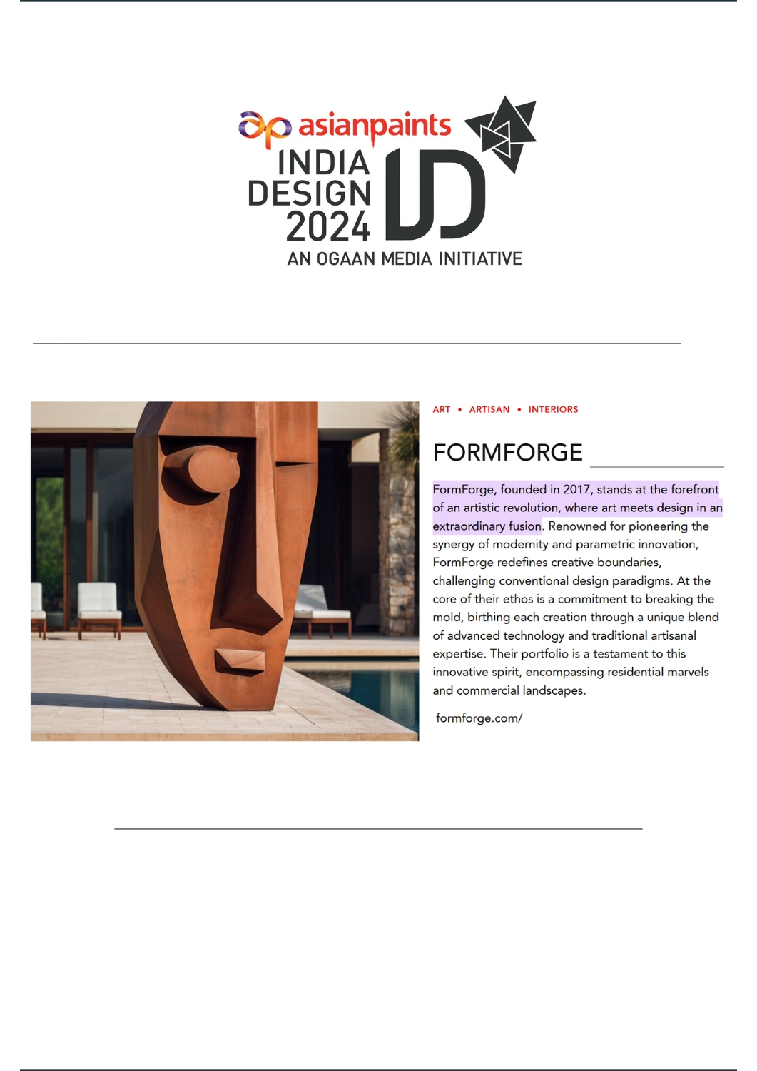 FormForge featured in India Design ID — press coverage for luxury metal sculptures and art installations
