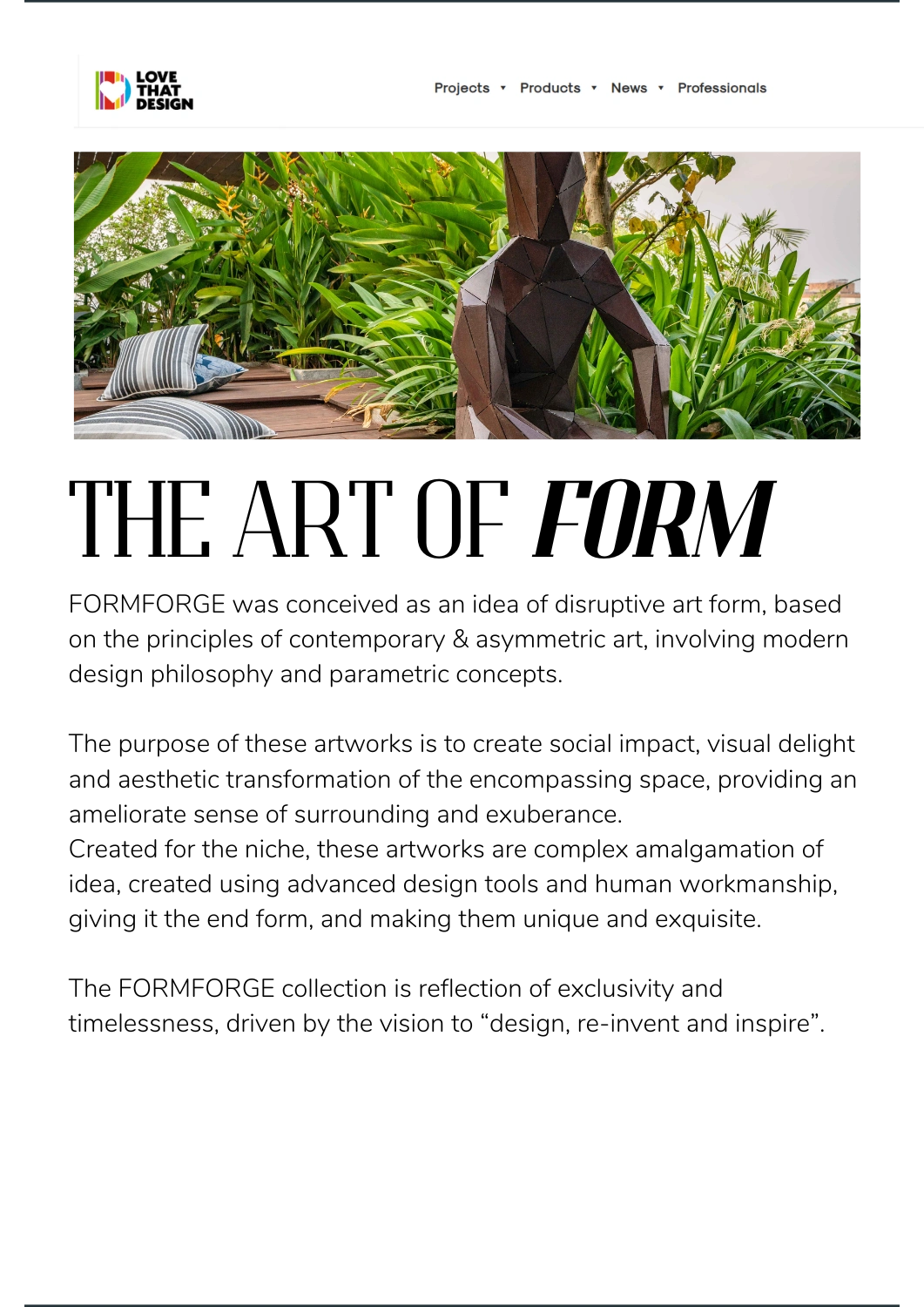 FormForge featured in Love That Design — press coverage for luxury metal sculptures and art installations